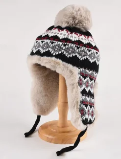 Winter Knitted Trapper Hat with Pom-Pom and Faux Fur Lining - Warm Ear Flap Beanie for Women