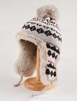 Winter Knitted Trapper Hat with Pom-Pom and Faux Fur Lining - Warm Ear Flap Beanie for Women