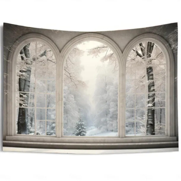 Winter Snow Window Hanging Tapestry Wall Art Large Tapestry Mural Decor Photograph Backdrop Blanket Curtain Home Bedroom Living Room Decoration