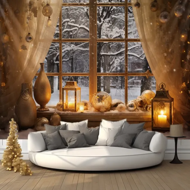 Winter Wonderland Snow Hanging Tapestry Wall Art Large Tapestry Mural Decor Photograph Backdrop Blanket Curtain Home Bedroom Living Room Decoration Window Golden Ornaments