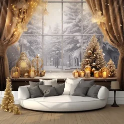 Winter Wonderland Snow Hanging Tapestry Wall Art Large Tapestry Mural Decor Photograph Backdrop Blanket Curtain Home Bedroom Living Room Decoration Window Golden Ornaments