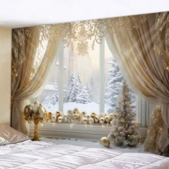 Winter Wonderland Snow Hanging Tapestry Wall Art Large Tapestry Mural Decor Photograph Backdrop Blanket Curtain Home Bedroom Living Room Decoration Window Golden Ornaments