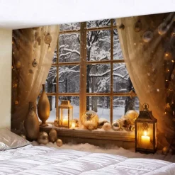 Winter Wonderland Snow Hanging Tapestry Wall Art Large Tapestry Mural Decor Photograph Backdrop Blanket Curtain Home Bedroom Living Room Decoration Window Golden Ornaments