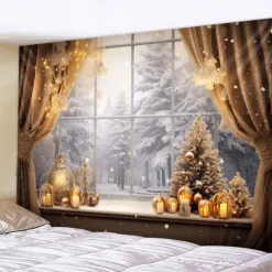 Winter Wonderland Snow Hanging Tapestry Wall Art Large Tapestry Mural Decor Photograph Backdrop Blanket Curtain Home Bedroom Living Room Decoration Window Golden Ornaments