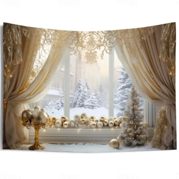 Winter Wonderland Snow Hanging Tapestry Wall Art Large Tapestry Mural Decor Photograph Backdrop Blanket Curtain Home Bedroom Living Room Decoration Window Golden Ornaments