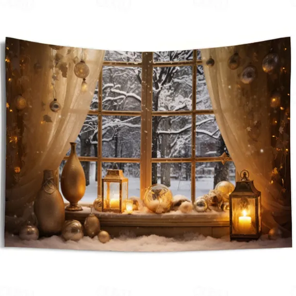 Winter Wonderland Snow Hanging Tapestry Wall Art Large Tapestry Mural Decor Photograph Backdrop Blanket Curtain Home Bedroom Living Room Decoration Window Golden Ornaments
