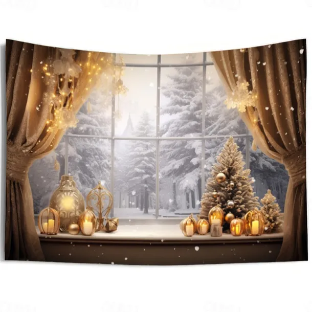 Winter Wonderland Snow Hanging Tapestry Wall Art Large Tapestry Mural Decor Photograph Backdrop Blanket Curtain Home Bedroom Living Room Decoration Window Golden Ornaments