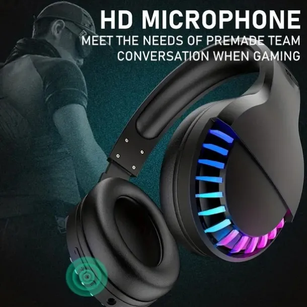 Wireless BT Headphone With Noise Cancellation HiFi Stereo Sound Mic Deep Bass Protein Earpad Rainbow RGB Backlight Rechageable Over Ear Headset For PC Mac Game Travel Class Home Office