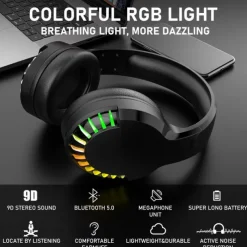 Wireless BT Headphone With Noise Cancellation HiFi Stereo Sound Mic Deep Bass Protein Earpad Rainbow RGB Backlight Rechageable Over Ear Headset For PC Mac Game Travel Class Home Office