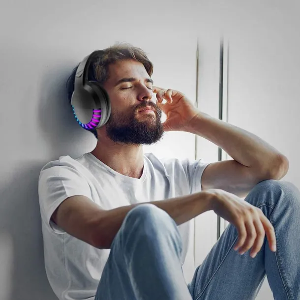 Wireless BT Headphone With Noise Cancellation HiFi Stereo Sound Mic Deep Bass Protein Earpad Rainbow RGB Backlight Rechageable Over Ear Headset For PC Mac Game Travel Class Home Office