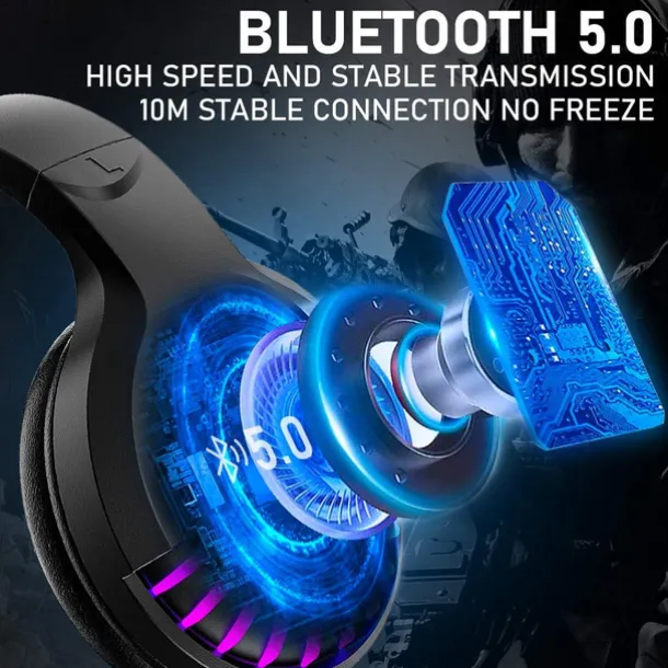Wireless BT Headphone With Noise Cancellation HiFi Stereo Sound Mic Deep Bass Protein Earpad Rainbow RGB Backlight Rechageable Over Ear Headset For PC Mac Game Travel Class Home Office