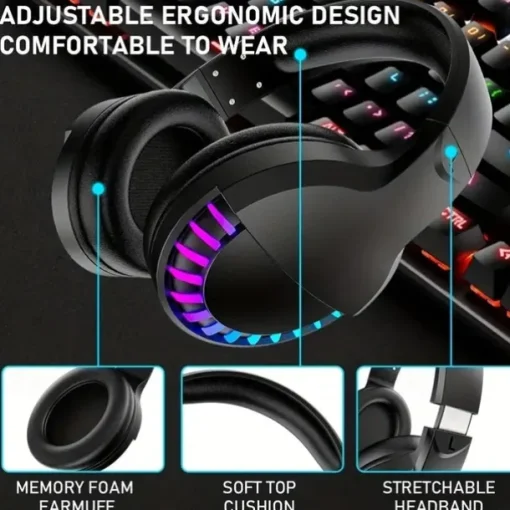 Wireless BT Headphone With Noise Cancellation HiFi Stereo Sound Mic Deep Bass Protein Earpad Rainbow RGB Backlight Rechageable Over Ear Headset For PC Mac Game Travel Class Home Office