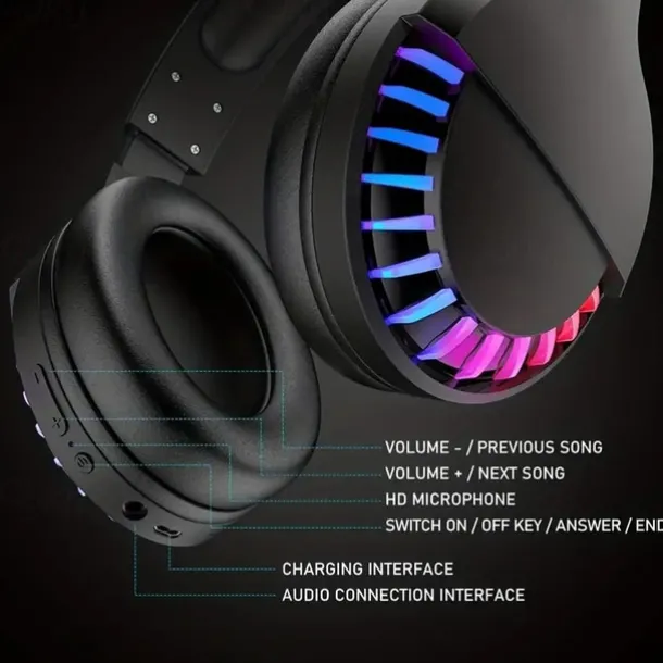 Wireless BT Headphone With Noise Cancellation HiFi Stereo Sound Mic Deep Bass Protein Earpad Rainbow RGB Backlight Rechageable Over Ear Headset For PC Mac Game Travel Class Home Office