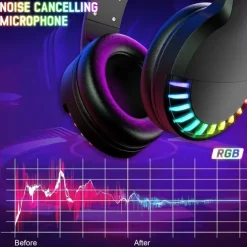 Wireless BT Headphone With Noise Cancellation HiFi Stereo Sound Mic Deep Bass Protein Earpad Rainbow RGB Backlight Rechageable Over Ear Headset For PC Mac Game Travel Class Home Office