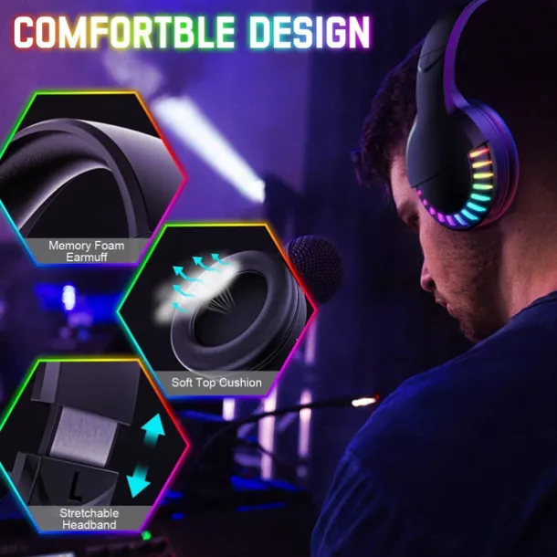 Wireless BT Headphone With Noise Cancellation HiFi Stereo Sound Mic Deep Bass Protein Earpad Rainbow RGB Backlight Rechageable Over Ear Headset For PC Mac Game Travel Class Home Office