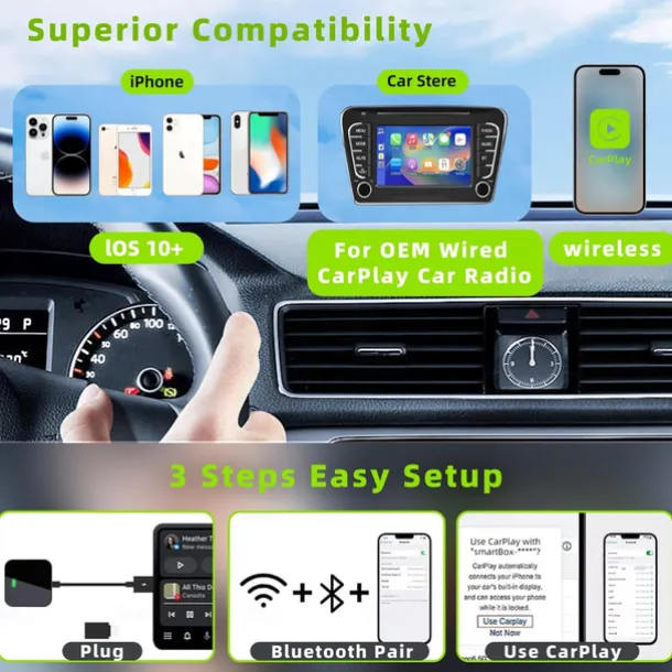 Wireless CarPlay Adapter for iPhone Apple Carplay Wireless Adapter Convert Wired to Wireless CarPlay Dongle Plug & Play WiFi Auto Fast Connect for Cars