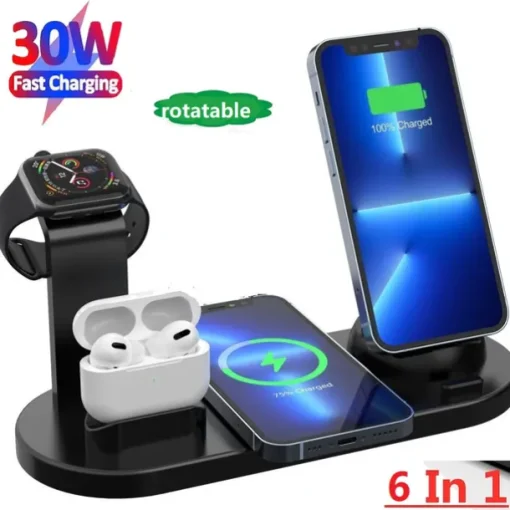 Wireless Charger Stand 6 in 1 QI Wireless Charging Station Dock for Iwatch iPhone Airpods Compatible with iPhone iPhone 14 13 12 11 Pro Max Mini X XS XR 8 7/Samsung S22/S21
