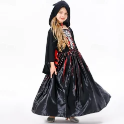 Witch Skeleton Skull Ghost Halloween Cape Cosplay Costume Hooded Cloak Walpurgis Night Scary Costume Kid's Girls' Carnival Masquerade Performance Halloween Masquerade Easy Halloween Costumes Dress Up
