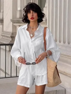 Women 100% Cotton Elegant Vacation Vintage Shorts Sets Long Sleeve Shirt Collar Plain Vacation Casual Daily White Summer