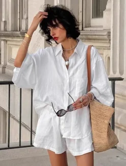 Women 100% Cotton Elegant Vacation Vintage Shorts Sets Long Sleeve Shirt Collar Plain Vacation Casual Daily White Summer