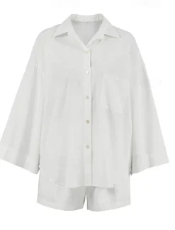 Women 100% Cotton Elegant Vacation Vintage Shorts Sets Long Sleeve Shirt Collar Plain Vacation Casual Daily White Summer