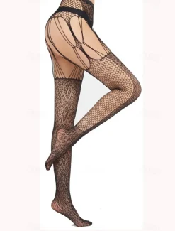 Women All Seasons Tights Casual Cosplay No Waist Stretchy Floral Style Jacquard Cosplay Lolita Sweet Quinceañera & Sweet Sixteen Club Black One-Size