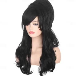 Women Black Beehive Wig Long Curly Wavy Bouffant Heat Resistant Synthetic Hair wigs for Womens Vintage Costume Cosplay Carnival Party Halloween Wigs