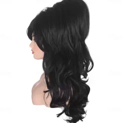 Women Black Beehive Wig Long Curly Wavy Bouffant Heat Resistant Synthetic Hair wigs for Womens Vintage Costume Cosplay Carnival Party Halloween Wigs