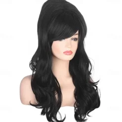 Women Black Beehive Wig Long Curly Wavy Bouffant Heat Resistant Synthetic Hair wigs for Womens Vintage Costume Cosplay Carnival Party Halloween Wigs