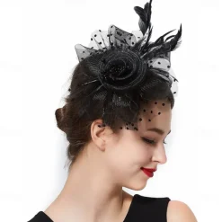 Women Fascinator Tea Party Hat 20s 50s Wedding Cocktail Flower Mesh Feathers Hair Clip for Carnival