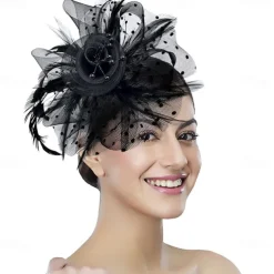 Women Fascinator Tea Party Hat 20s 50s Wedding Cocktail Flower Mesh Feathers Hair Clip for Carnival