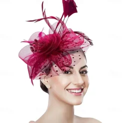 Women Fascinator Tea Party Hat 20s 50s Wedding Cocktail Flower Mesh Feathers Hair Clip for Carnival