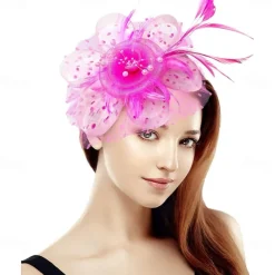 Women Fascinator Tea Party Hat 20s 50s Wedding Cocktail Flower Mesh Feathers Hair Clip for Carnival