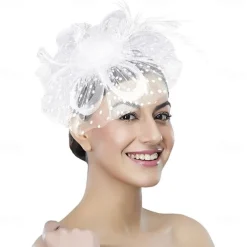 Women Fascinator Tea Party Hat 20s 50s Wedding Cocktail Flower Mesh Feathers Hair Clip for Carnival