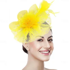 Women Fascinator Tea Party Hat 20s 50s Wedding Cocktail Flower Mesh Feathers Hair Clip for Carnival