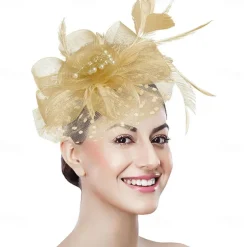 Women Fascinator Tea Party Hat 20s 50s Wedding Cocktail Flower Mesh Feathers Hair Clip for Carnival