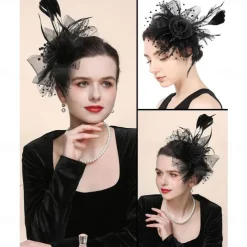 Women Fascinator Tea Party Hat 20s 50s Wedding Cocktail Flower Mesh Feathers Hair Clip for Carnival