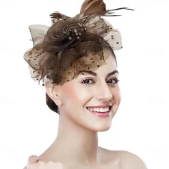 Women Fascinator Tea Party Hat 20s 50s Wedding Cocktail Flower Mesh Feathers Hair Clip for Carnival
