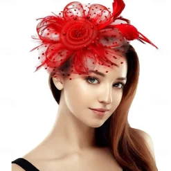 Women Fascinator Tea Party Hat 20s 50s Wedding Cocktail Flower Mesh Feathers Hair Clip for Carnival