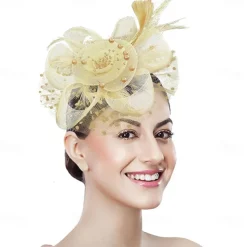 Women Fascinator Tea Party Hat 20s 50s Wedding Cocktail Flower Mesh Feathers Hair Clip for Carnival