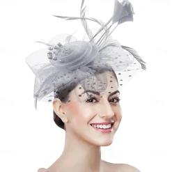 Women Fascinator Tea Party Hat 20s 50s Wedding Cocktail Flower Mesh Feathers Hair Clip for Carnival