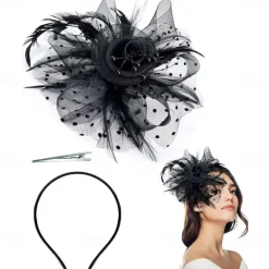 Women Fascinator Tea Party Hat 20s 50s Wedding Cocktail Flower Mesh Feathers Hair Clip for Carnival