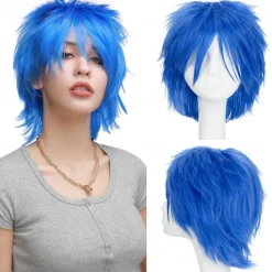 Women Mens Male Short Fluffy Straight Hair Wigs Anime Cosplay Party Costume Dress Synthetic Spiky Wig Dark Blue Halloween Wigs