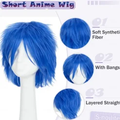 Women Mens Male Short Fluffy Straight Hair Wigs Anime Cosplay Party Costume Dress Synthetic Spiky Wig Dark Blue Halloween Wigs