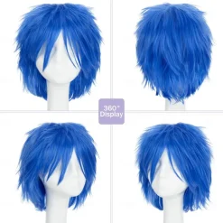 Women Mens Male Short Fluffy Straight Hair Wigs Anime Cosplay Party Costume Dress Synthetic Spiky Wig Dark Blue Halloween Wigs