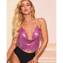 Women Metal Sequin Sparkle Glitter Tank Deep V Neck Spaghetti Strap Backless Chain Halter Crop Tops Party Blouse 1980s Disco Party Club
