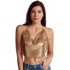 Women Metal Sequin Sparkle Glitter Tank Deep V Neck Spaghetti Strap Backless Chain Halter Crop Tops Party Blouse 1980s Disco Party Club