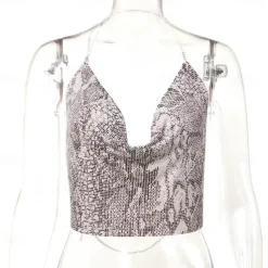 Women Metal Sequin Sparkle Glitter Tank Deep V Neck Spaghetti Strap Backless Chain Halter Crop Tops Party Blouse 1980s Disco Party Club