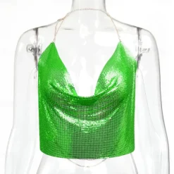 Women Metal Sequin Sparkle Glitter Tank Deep V Neck Spaghetti Strap Backless Chain Halter Crop Tops Party Blouse 1980s Disco Party Club