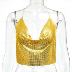 Women Metal Sequin Sparkle Glitter Tank Deep V Neck Spaghetti Strap Backless Chain Halter Crop Tops Party Blouse 1980s Disco Party Club